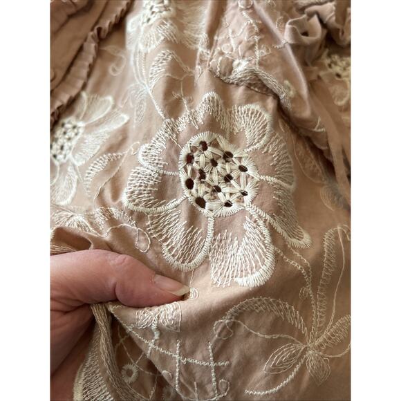 LuPruia Tan Cream Floral Embroidered Eyelet Cotton Button Front Dress Sz L Pleat - Picture 11 of 12